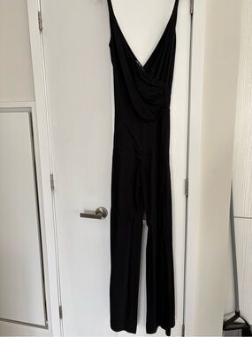 Elizabeth and James Black Draped V-Neck Wide-Leg Jumpsuit
